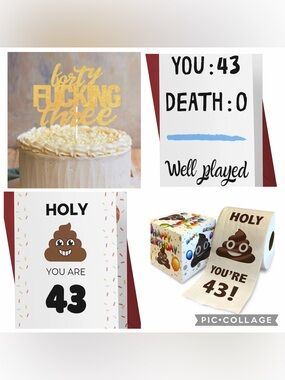 4-Piece 43rd Birthday Kit Cake Topper Gag Gift 2 Funny Birthday Cards